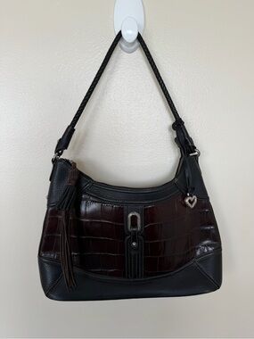 BRIGHTON Brown & Black Croc Embossed Leather Shoulder Bag